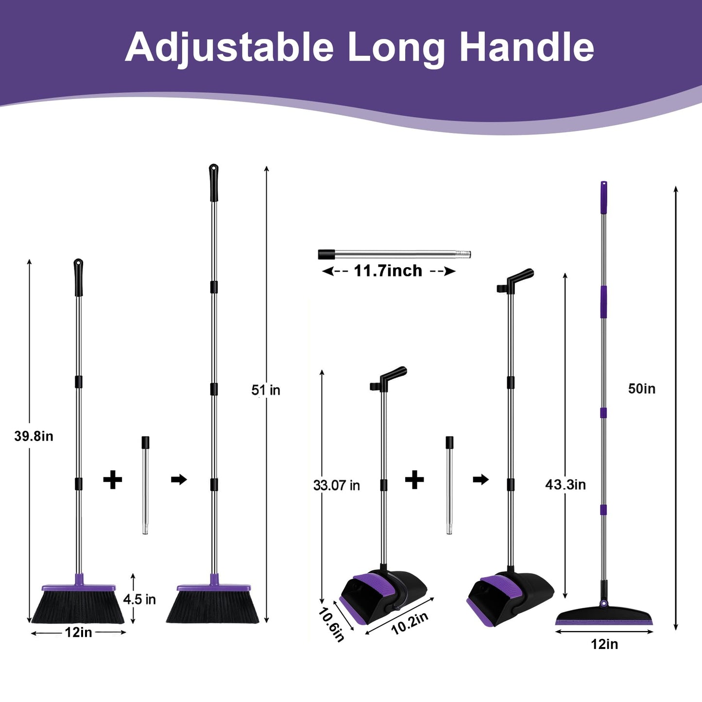UDUK Broom with Dustpan Combo Set and Silicone Air Broom Kit, 51" Long Handle Floor Squeegee, Purple Household Kit for Glass Window Rugs Pet Hair Home