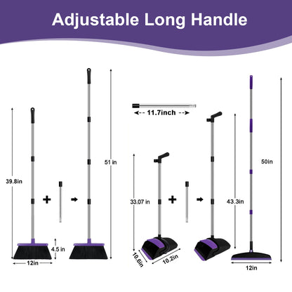 UDUK Broom with Dustpan Combo Set and Silicone Air Broom Kit, 51" Long Handle Floor Squeegee, Purple Household Kit for Glass Window Rugs Pet Hair Home