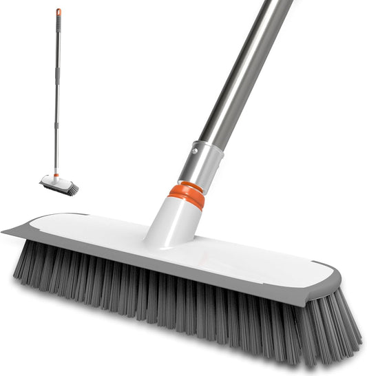 ITTAR 55" Extendable Floor Scrub Brush | 12" Wide 2-in-1 Scrub & Squeegee | Heavy-Duty Tile Scrubber Cleaner with Stiff Bristles for Shower Floor, Kitchen, Restaurant, Patio & Garage-Orange
