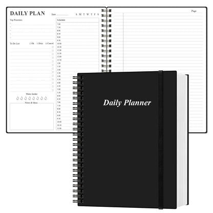 Daily Planner Undated - A4 To Do List Notebook Hourly Schedules, Spiral Appointment Planner for Women and Men,PVC Hardcover, Inner Pocket, Elastic Closure, 8.5" x 11", Black