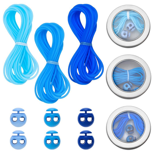 WEBEEDY 3 Sets 3 Colors Knitting Barber Cords and 2 Hole Plastic Cord Locks with Storage Box, Blue Stitch Holder Cord Stitch Markers Knitting Needle Stoppers for Handmade Knit Craft Accessory