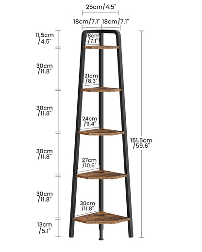 CHOEZON Corner Shelf, 5-Tier Ladder Corner Shelf, Ladder Bookshelf, 59.6" Tall Vertical Display Stand, Metal Frame Bookshelf, for Living Room, Bedroom, Kitchen, Rustic Brown and Black TCJ20BF