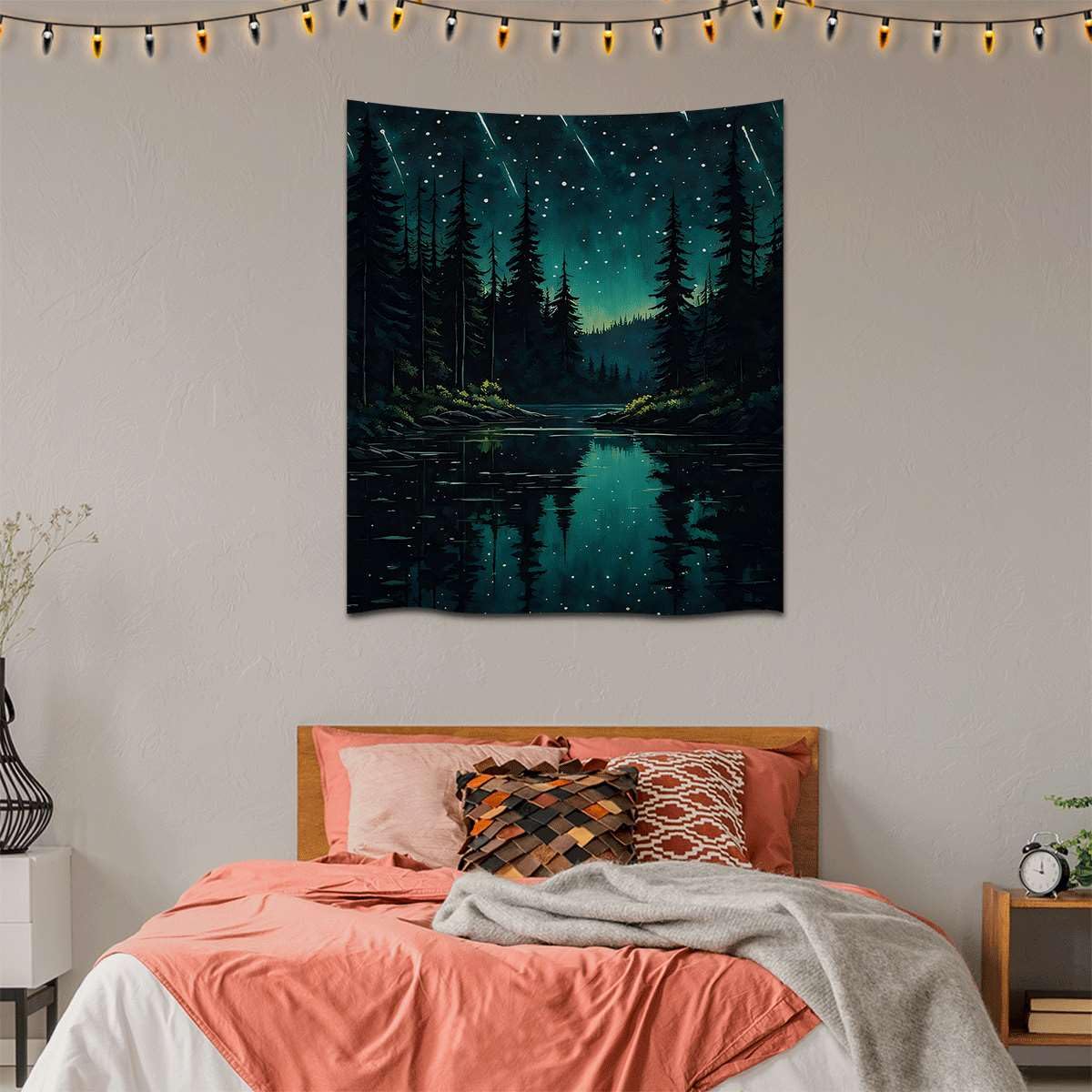 Mystical Enchanted Forest Tapestry Aesthetic Wall Hanging Tapestries Wall Decor Moody Night Sky with Meteor Showers over Lake for Bedroom Living Room Dorm Gallery (WCDOY53,40" L x 30" W)