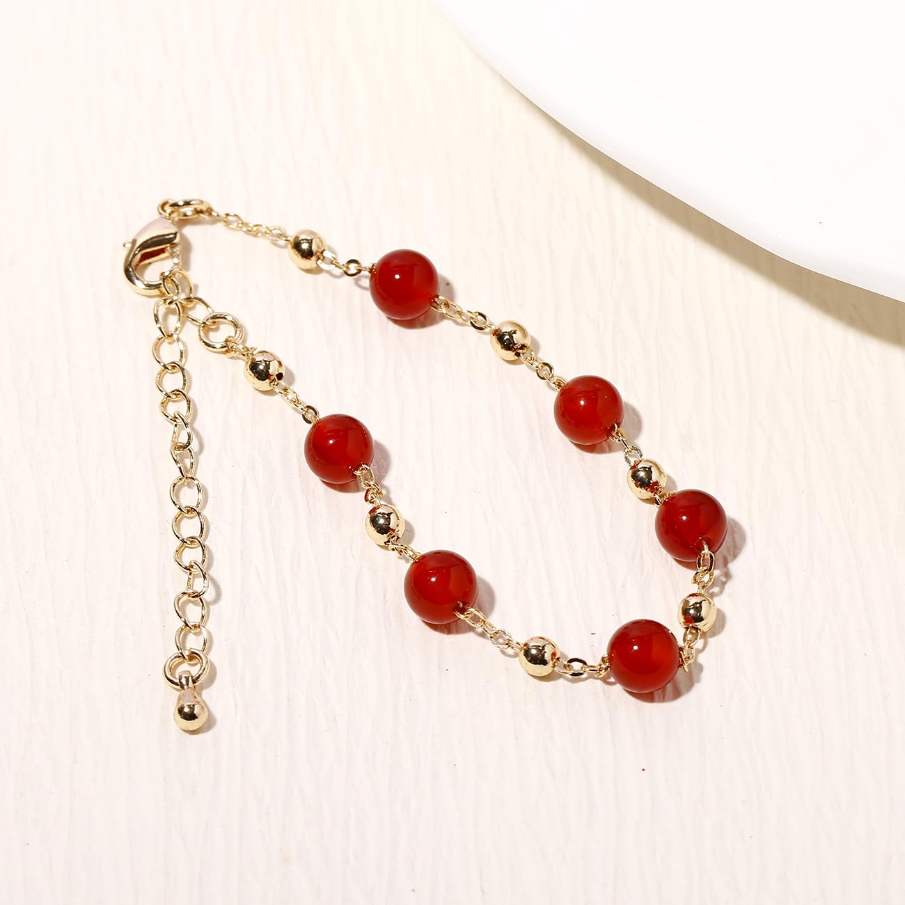Xfoxstal 14K Gold Plated Chain Bracelets for Women Crystals and Stones Beaded Bracelets Jewelry Adjustable (Red Agate)