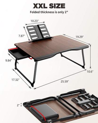 Laptop Desk for Bed, SAIJI XX-Large Foldable Bed Tray Table for Eating Breakfast, Writing, Working, Gaming, Drawing with Storage Drawer, Handrest Bookstand, Tablet Stand, Phone Stand(Black Cherry)