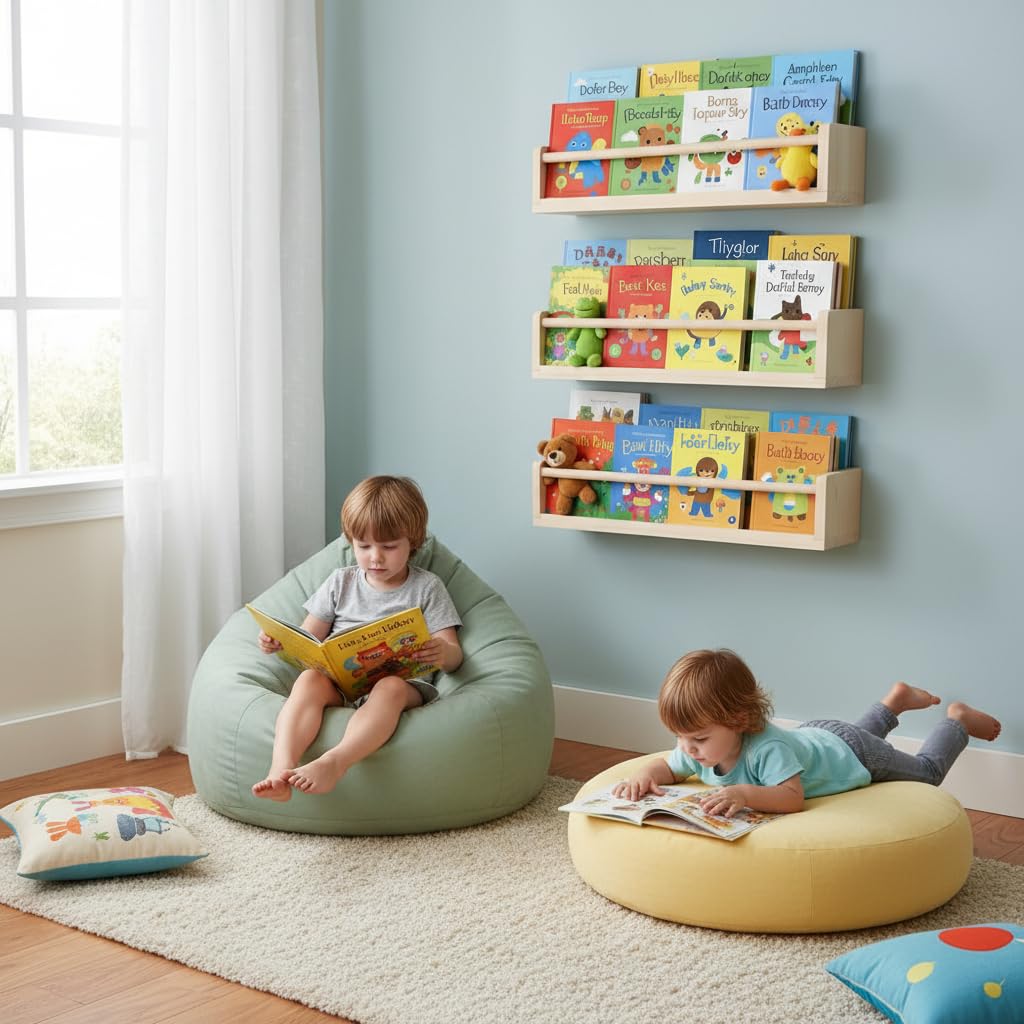 Esonal Natural Wood Nursery Floating Shelves Set of 3– Wall Mounted Kids Bookshelf & Toy Organizer – 16 Inch Rustic Pine Hanging Display Book Shelves for Bedroom, Playroom, and Baby Decor