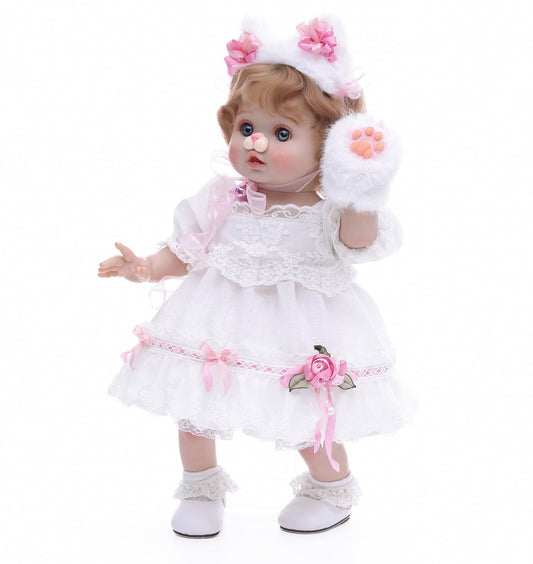 Cloveray Baby Doll, 18 Inch Realistic Reborn Toddler Real Life Baby Dolls with White Lace Dress, Magnetic Cat Nose, Fluffy Paw Mitten & Tail, Premium Collectible Gift for 3+ Year Old Girls