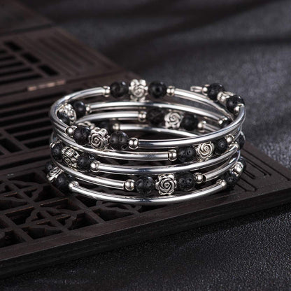 BULINLIN Wrap Bangle Rose Bead Bracelet - Beaded Bracelet with Natural Agate Stone Gifts For Women(01-Lava black)