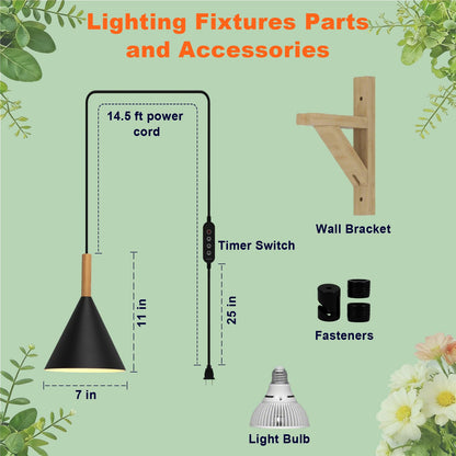 Hanging Grow Lights for Indoor Plants, 20W Full Spectrum Plant Lamp with Timer, Adjustable Height, Wall-Mounted 3000K Growlight with 14.5 ft Power Cord, for Greenhouse, Garden, Large Plants (Black)