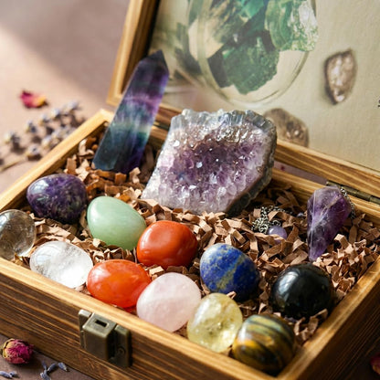 Juliful Unic 15PCS Crystals and Healing Stones Natural Crystals Set for Women Rainbow Fluorite Amethyst Crystal & Pendulum Tumbled Stones Crystal Wands