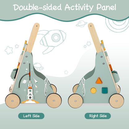 MILEFUN Adjustable Wooden Baby Walker – Montessori Push Toy for 1 Year Old with Rocket-Themed Activity Center, Sit-to-Stand Walker Gift for Boys and Girls