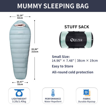 QEZER Down Sleeping Bag for Adults with 620 Fill Power Down Ultralight Mummy Backpacking Sleeping Bag