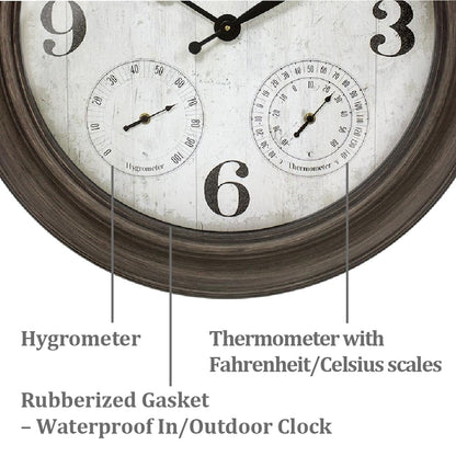 Presentime & Co. 26" Clifton in/Outdoor Farmhouse Clock with Thermometer & Hygrometer as All in One Weather Station, Farmhouse Wall Art and Timepiece for Home Decoration, Grey Oak Finish