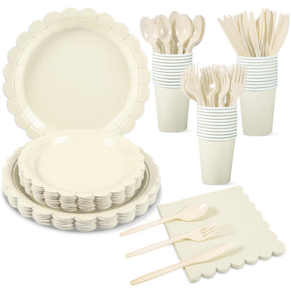 Xiangqu 175 Pcs Ivory Paper Plates and Napkins, Beige Party Supplies Include Scalloped Cream Plates Napkin Cup Plastic Cutlery for Wedding, Bridal&Baby Shower, Birthday