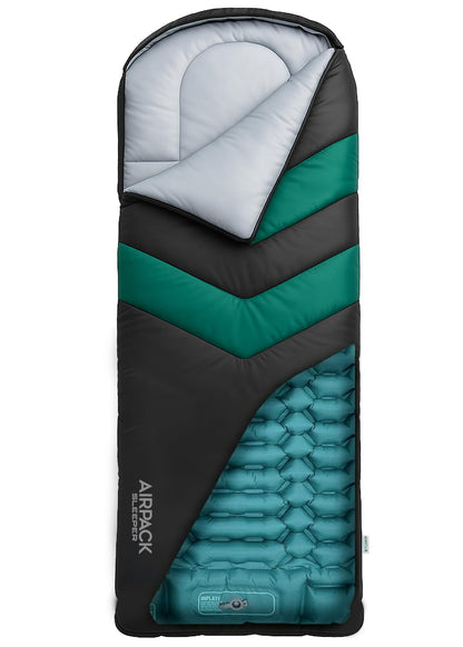 Rangland Sleeping Bag with Built-in Pad (AirPack Sleeper) - All-in-One Inflatable Sleeping Pad and Zip-Up Blanket for Camping with Built-in Foot Pump (Black/Green) 80"×30"