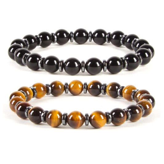 Cherry Tree Collection Protection Set (Black Obsidian & Tiger’s Eye) – Genuine 8mm Gemstone Stretch Bracelet for Men & Women – Handmade Crystal Bracelet - (Protection Set - M)