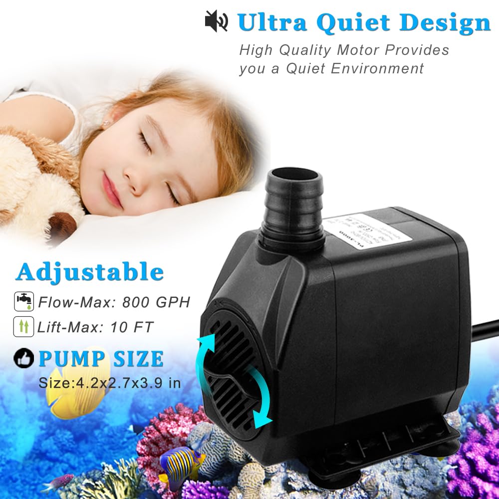 PULACO Large Flow: 800GPH（3000L/H）Submersible Pump with 6.5 ft Tubing, 45Watt Durable Fountain Water Pump With 4 Nozzles For Above 80 gallons Fish Tank or Pond