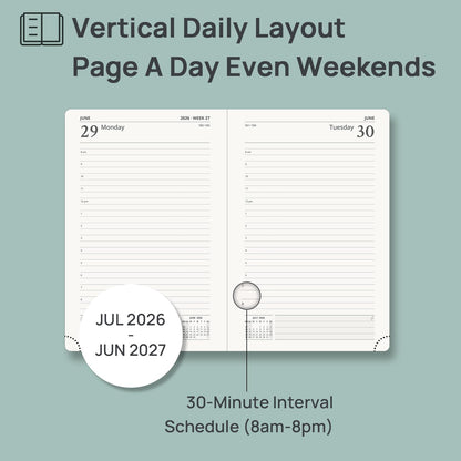 POPRUN 2026-2027 Daily Planner One Page Per Day (Medium - 5.75" x 8.5") - Academic Calendar Book(July 2026 - June 2027), 2026 Day Appointment Book with Pen Holder, Hardcover - Pacific Green