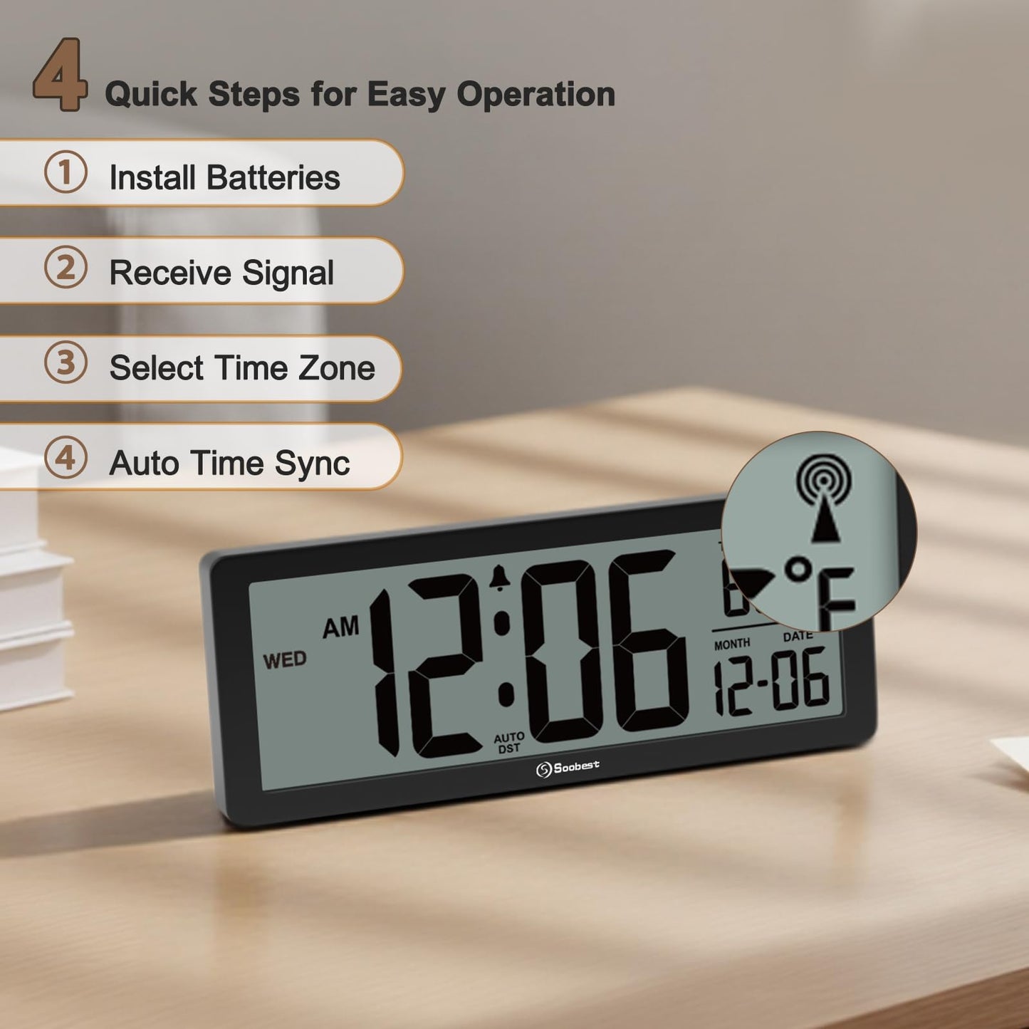Soobest 8.5" Atomic Digital Wall Clock, Never Needs Setting, Auto Time Sync, Accurate & Easy to Use Clock with Backlight, Battery Operated, Temperature, Date, Auto DST, 4 Time Zones