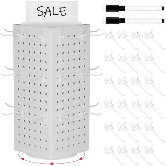 SIBRANT Rotating Pegboard Display Stand With 24 Hooks,Spinning Peg Board Displays,Tabletop Metal Pegboard Shelf for Craft Shows & Fairs, Retail Stores, Vendors Arts and Crafts (White)