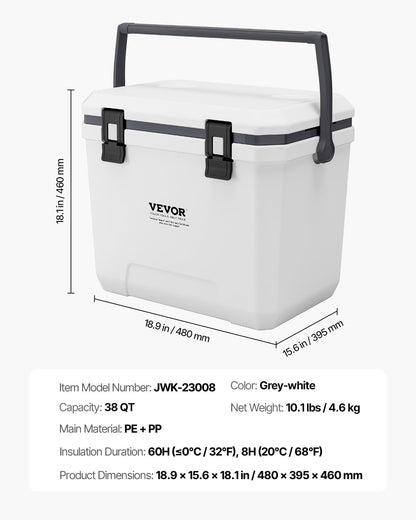 VEVOR Portable Cooler, 38 QT Hard Cooler with Ice Retention, Heavy-Duty Handles and Cup Holder, Lightweight Rigid Material Insulated Portable Cooler, Suitable for Family Picnics and Long Trips