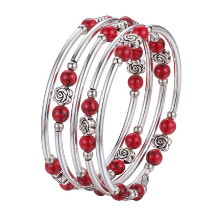 BULINLIN Wrap Bangle Rose Bead Bracelet - Beaded Bracelet with Natural Agate Stone Gifts For Women(01-Red turquoise)