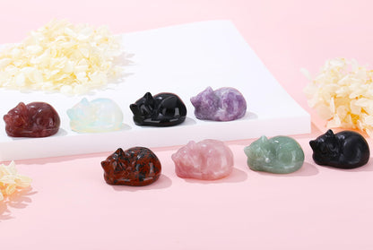 YATOJUZI 2" Cat Decors Statues Green Aventurine Crystals Sleeping Cats Gemstone Hand-Carved Cute Animal Statue Figurine Home Office Desk Decor Lucky Energy Reiki Kitten Ornaments Gifts for Women Men