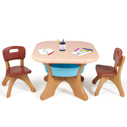 Costzon Kids Table and Chairs, 3 PCS Activity Desk Set w/ 4 Detachable Storage Bins for Indoor Outdoor Play Art Crafts Picnic Patio, Lightweight Toddler Table and Chair Set (Coffee & Blue)
