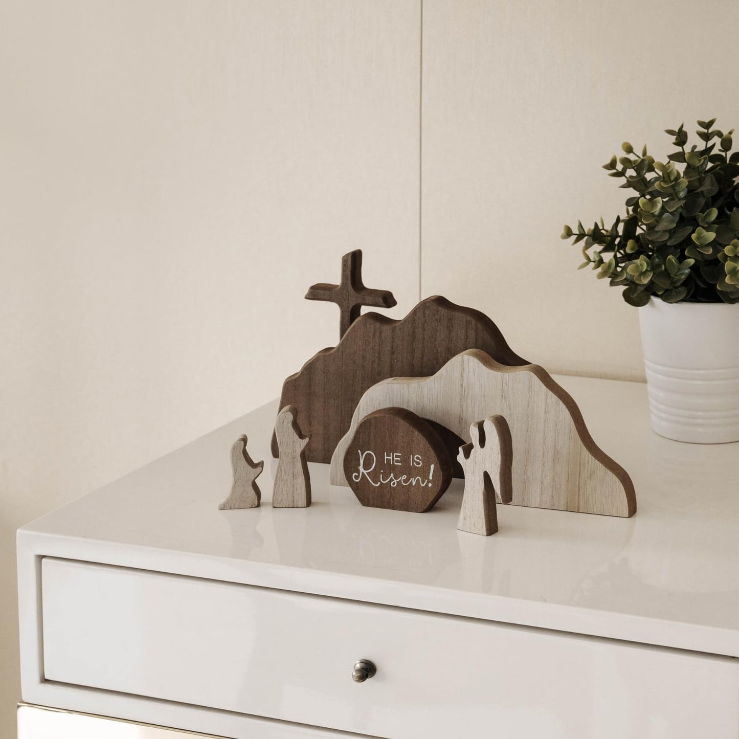 【He is Risen】Empty Tomb Scene Spring Easter Decorations, Jesus Nativity Resurrection Figurines Set With Wooden Cross For Home, Office, Table, Shelf, Mantle Decor – Christian Catholic Religious Gifts