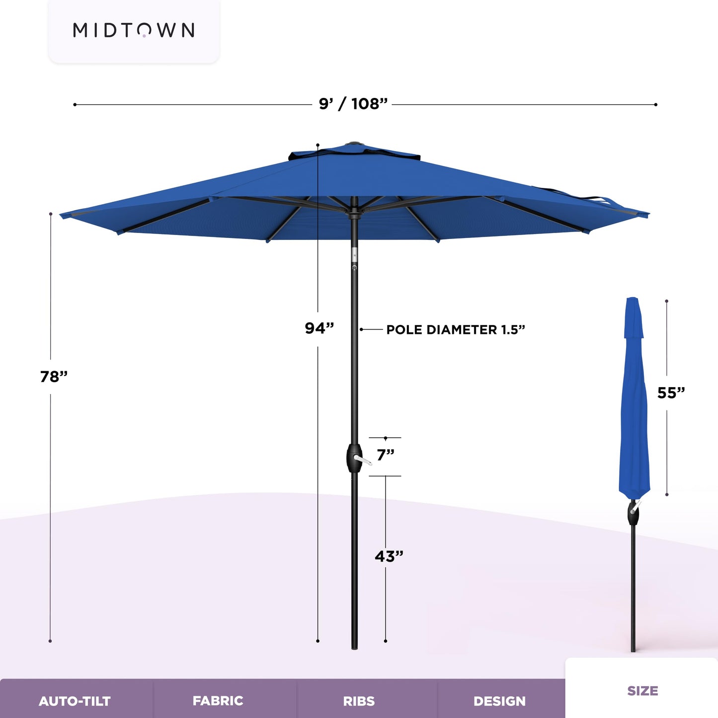 Midtown Umbrellas – The Lean 9 Ft Patio Umbrella with 10-Year-No-Fade Acrylast Acrylic Fabric, Auto-Tilt and 8 Reinforced Ribs for Deck, Pool, Garden, Hotel & Cafes – Deep Atlantic Canopy, Black Pole