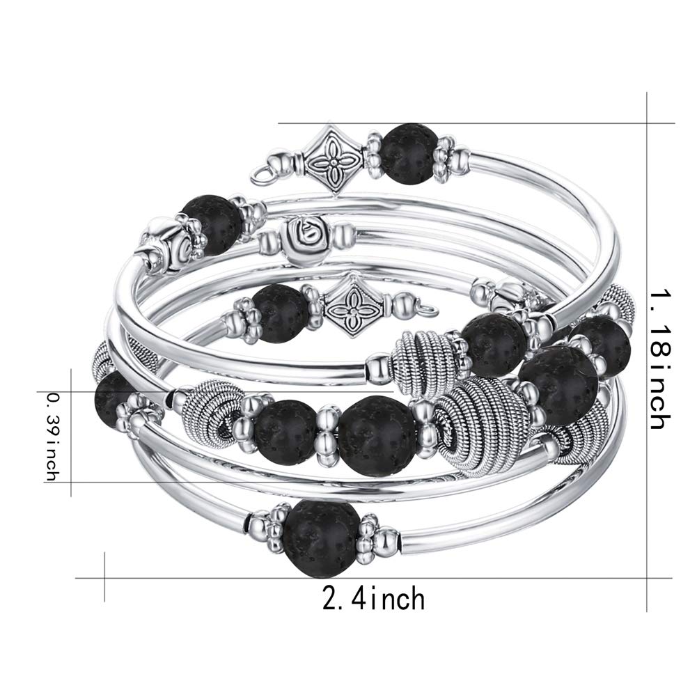 PEARL&CLUB Beaded Chakra Bangle Turquoise Bracelet - Fashion Jewelry Wrap Bracelet with Thick Silver Metal and Mala Beads, Birthday Gifts For Women(Lava stone)