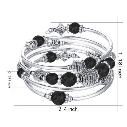 PEARL&CLUB Beaded Chakra Bangle Turquoise Bracelet - Fashion Jewelry Wrap Bracelet with Thick Silver Metal and Mala Beads, Birthday Gifts For Women(Lava stone)