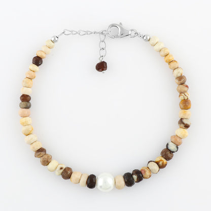 CRYSTALIS Natural Petrified Wood Jasper Beads Adjustable Bracelet with Elegant Pearl, High Grade Gemstones, Chakra Healing Stones, Gift Jewelry, 925 Sterling Silver Womens Bracelet 8 inch