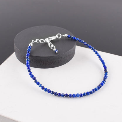 YANARA Lapis Lazuli Bracelets For Women, Natural Blue Beaded Minimalist Handmade Jewelry, Dainty Chakra Energy Crystal, Silver Plated 8 inch Adjustable Chain, Christmas Gifts For Her
