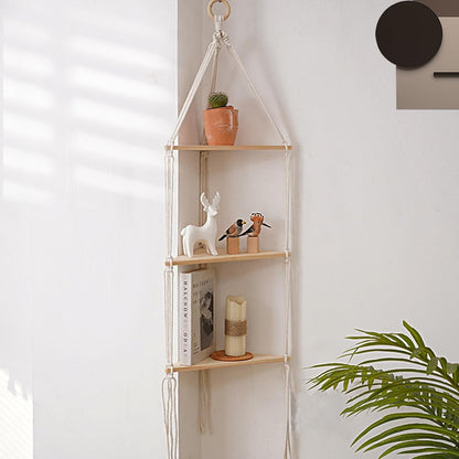 WKHOKI Hanging Shelf with Natural Wood, 3-Tier Rope Shelf | Handmade Boho Wall Decor for Floating Display, Ideal for Plants, Photos & Storage in Bathroom, Bedroom, Living Room & Nursery