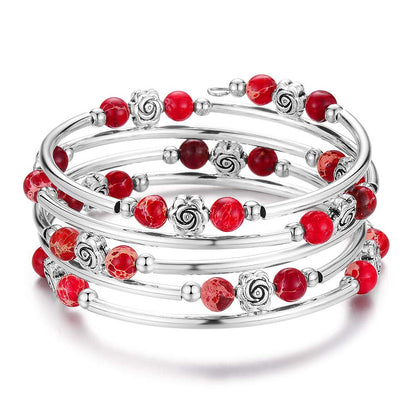 BULINLIN Wrap Bangle Rose Bead Bracelet - Beaded Bracelet with Natural Agate Stone Gifts For Women(01-Imperial red)