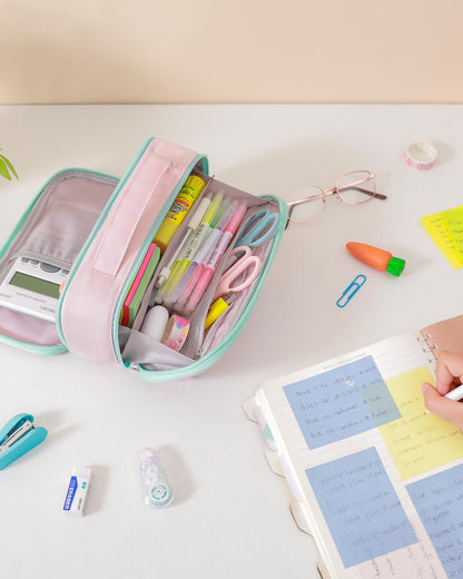 Amersun Large Capacity Pencil Case Pouch for Girl, Student, Women, Teen - Multi-Compartment, High Storage, Marker Pen Stationery Box Bag Organizer Holder for School College Office (Pink)