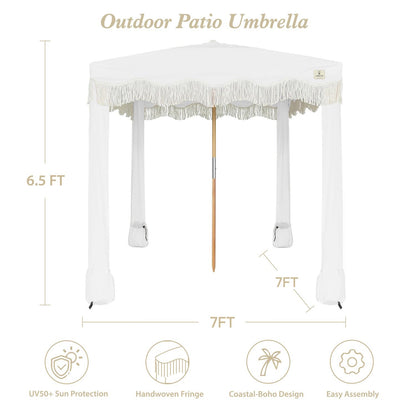 AMMSUN Beach Cabana with Fringe, 7' x 7' Boho Beach Canopy with Tassels, Easy Set up & Premium Wood Pole, Cabana Tent with Sand Pockets, Instant Sun Shade for Sand, Garden, Patio, Elegant White