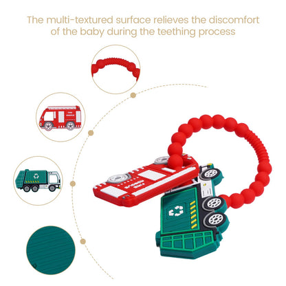 Silicone Baby Ring Toy with Fire Truck,Garbage Truck Teethers,Must Haves Teething Relief Chew Toys for 0-6,6-12 Months Boys and Girls,Newborns Essentials,Safe and Soft,BPA Free.