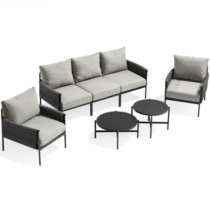 Pamapic 7-Piece Woven Rope Outdoor Furniture Set, Iron Frame Patio Conversation Set with Thick Cushions & 2 Coffee Tables, All-Weather Sectional Patio Furniture Set for Backyard, Porch, Grey