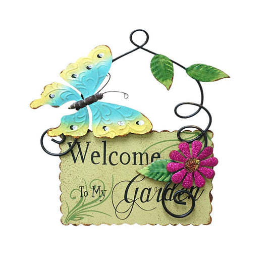 Morning View Vintage Metal Welcome to My Garden Sign with Butterfly Daisy and Leaf, Decorative Hanging Welcome Plaque for Garden Patio Porch Yard Wall Outdoor Decor