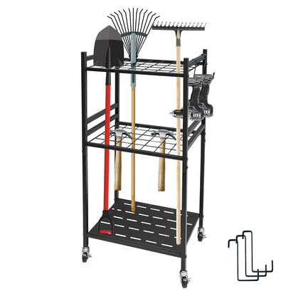 THESEATOP Garden Tool Organizer, 3-Tier Yard Tool Storage Rack with 35 Slots & 3 Hooks, Heavy Duty Garage Organizer for Shovels, Rakes & Brooms (33.6" x 11.5" x 17")