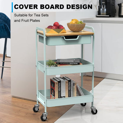 Aratan 3 Tier Rolling Cart, Utility Cart with Drawer and Table Top, Metal Rolling Kitchen Storage Organizer Cart with Handle and Locking Wheels for Bathroom Office Balcony Living Room