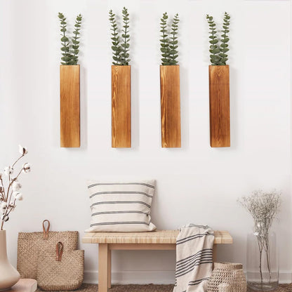 Mokof 4-Pack Wood Wall Planters with 8 Removable Faux Eucalyptus Stems - Modern Farmhouse Wall Decor for Living Room, Bedroom, Bathroom - Wooden Wall Vases and Fake Eucalyptus for Home Office Decor