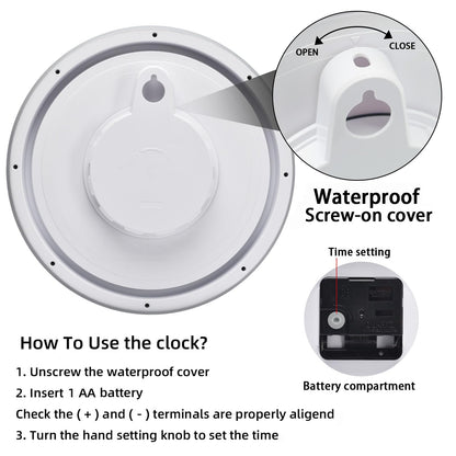 Caysie 12 Inch Sealed Indoor Outdoor Waterproof Wall Clock, Durable Silent Non-Ticking Battery Operated Quality Quartz Round Clock, Wall Decorative for Patio, Pool, Bathroom (White)