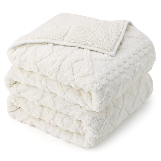 Drewin Weighted Blanket 15lbs Queen Size, Soft and Thick Jacquard Sherpa Heavy Blanket for Calming and Relax, Dual Sided Ultra Soft Fuzzy Throw Blanket with Ceramic Beads, 60 x 80 inches, Cream White