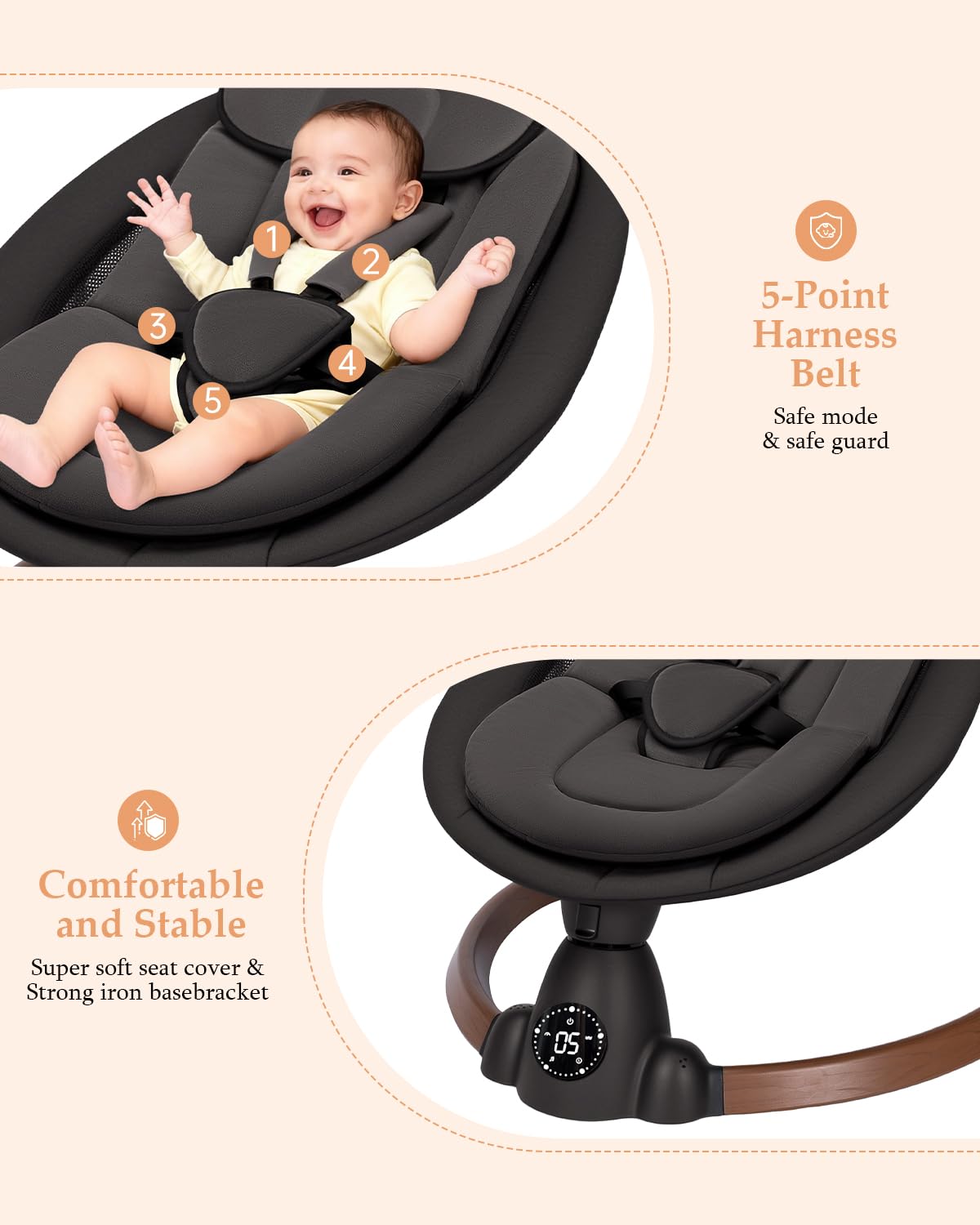 Baby Swing for Infants, Electric Baby Swing with Bluetooth, Portable Infant Swing with 5 Speeds, 10 Lullabies, 5-Point Harness & Remote Control, for Newborns Infants Indoor Outdoor Use (Black)