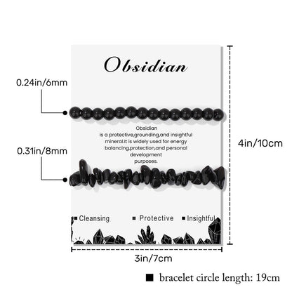 Lit Wall 2Pcs Black Tourmaline Bracelets for Women & Men, Black Onyx & Obsidian Beaded Bracelets, Elastic Adjustable Size, Black Crystal Bracelets for Unisex Adults
