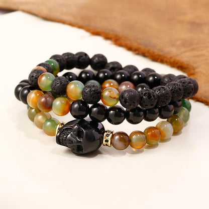 Xfoxstal Wrap Agate Stretch Beaded Bracelets Protection Obsidian Small Skull Lava Stone Bracelet for Women Essential Oil Diffusers Jewelry Meditation Gifts 8mm