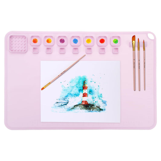 PATIKIL 24" x 16" Silicone Craft Mat, Nonstick Silicone Painting Sheets Art Mats for Resin Drawing DIY Clay, with 12 Color Dividers Brush Holder and Cleaning Cup, Pink